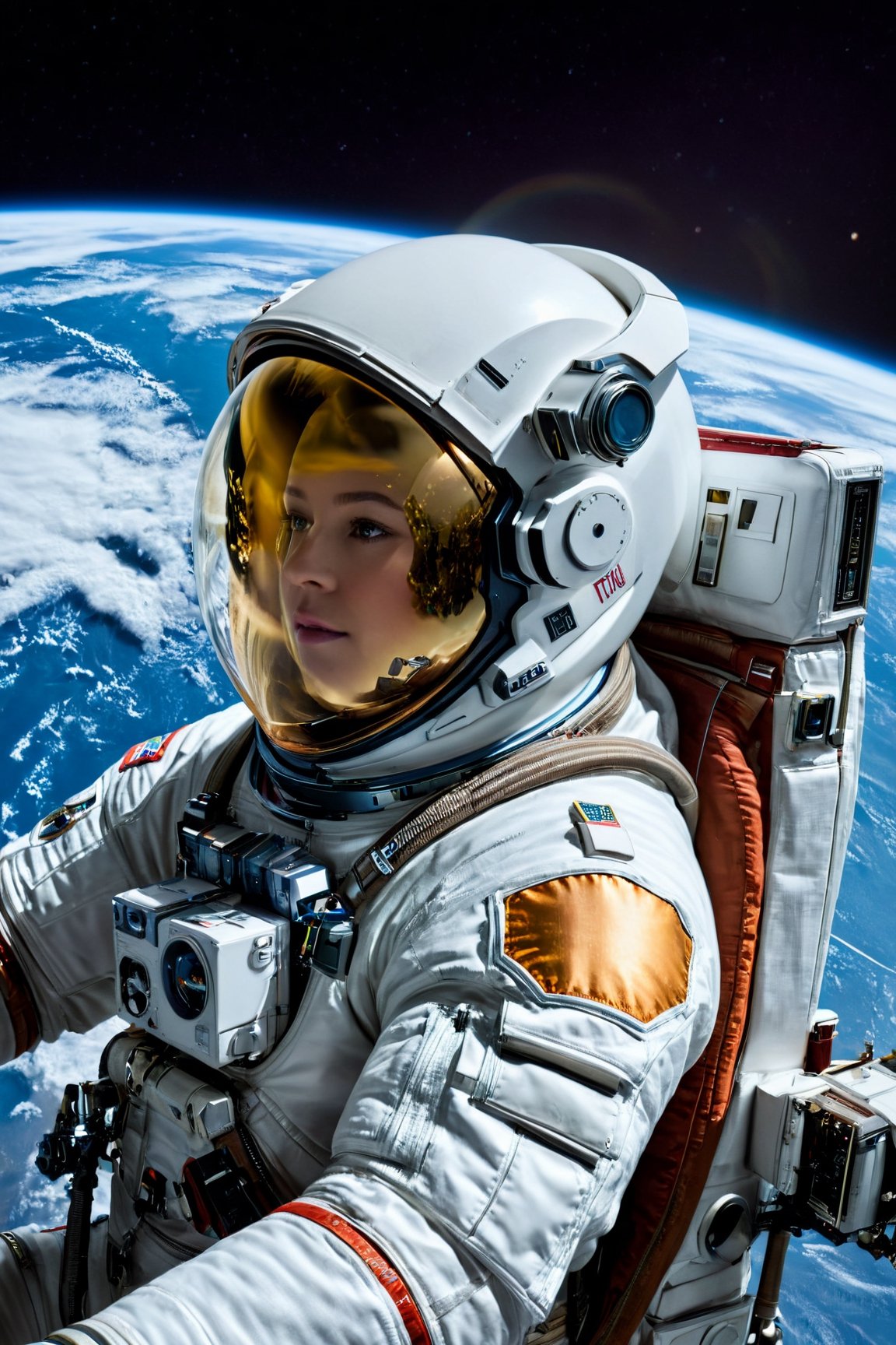 (best quality,4k,8k,highres,masterpiece:1.2),ultra-detailed,(realistic,photorealistic,photo-realistic:1.37),female astronaut,futuristic spacesuit,astronaut helmet,exploration spaceship,grandiose cinematic,outer space backdrop,vivid colors,studio lighting,sharp focus,physically-based rendering,detailed technology equipment,huge glass dome,technological advancements,high-tech control panels,zero-gravity environment,awe-inspiring view of Earth,floating astronaut,star-studded background,cosmic rays,interstellar journey,otherworldly experience,serene and majestic,adventurous and courageous,brilliant vision of the future,lunar exploration,galactic expedition,stellar discovery,ethereal colors,sublime beauty,humanity's triumphant spirit,endless possibilities,luminous celestial bodies,spectacular celestial landscape,inspiring and empowering.