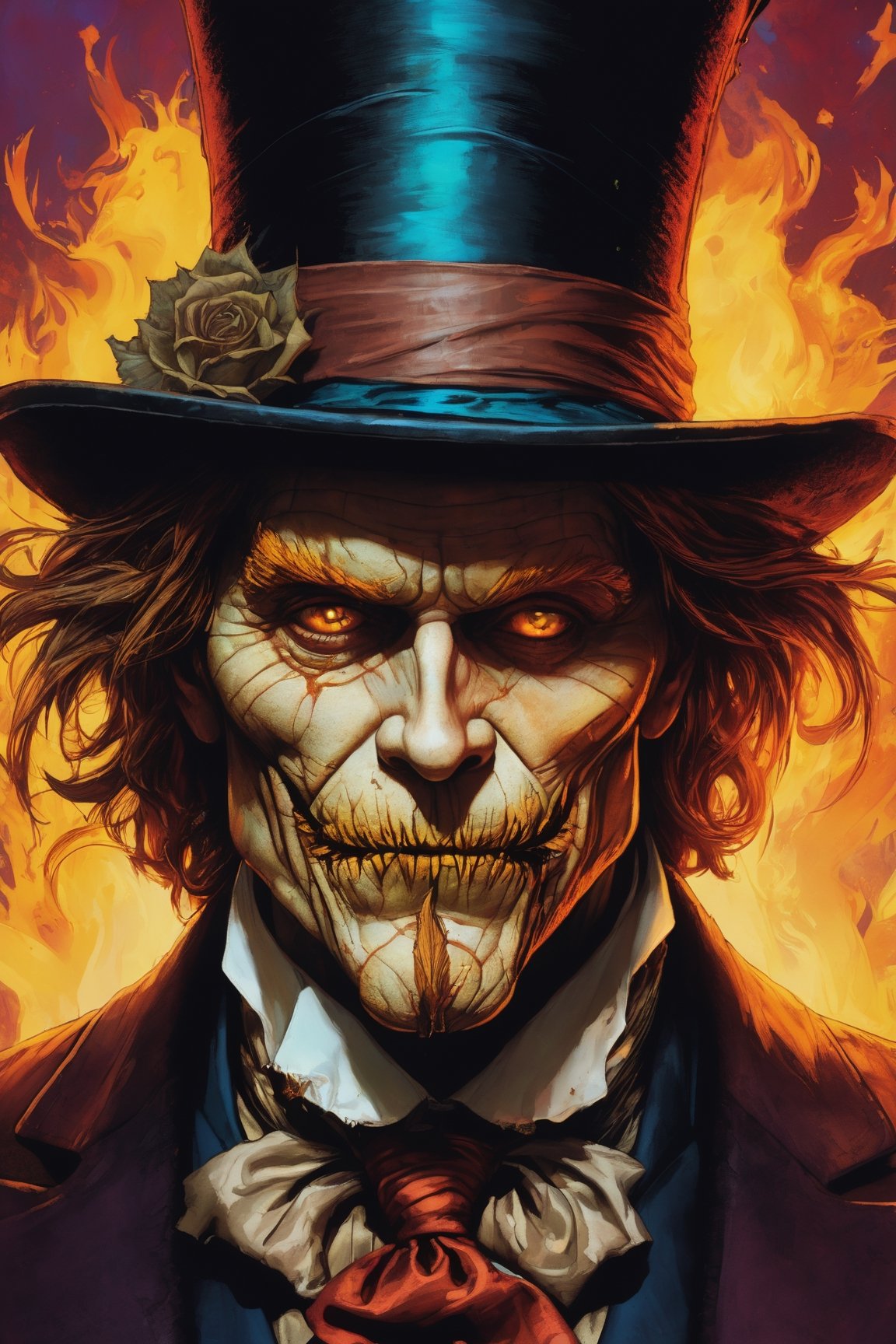 A close up of a man wearing a top hat, john picacio and brom, willem dafoe as scarecrow, best of behance, madhatter, josan gonzalez and tyler edlin, by Jack Davis,, character design, embers, bright bold colors, macro lens, dark fantasy, decopunk, cinematic, dslr, bokeh, american horror story, redneck