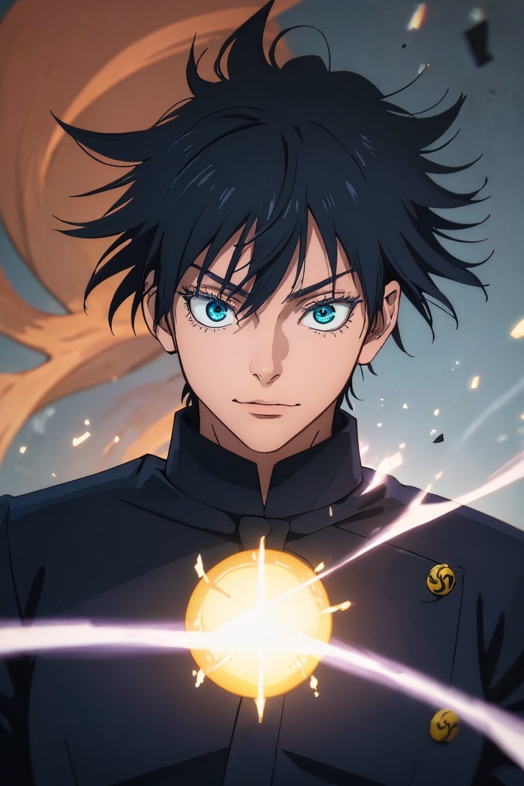 (best quality,4K,highres,masterpiece:1.2),ultra-detailed,realistic,ujutsu Kaisen, Satoru Gojo,colorful,vibrant colors,portraits,sharp focus,black hair,high collar uniform,expressive teal eyes,noble expression,ageless,calm demeanor,crimson blindfold,exquisite details,floating blue aura,dominant presence,immense power,unmatched skills,striking pose,glowing energy,blurry background,anime style