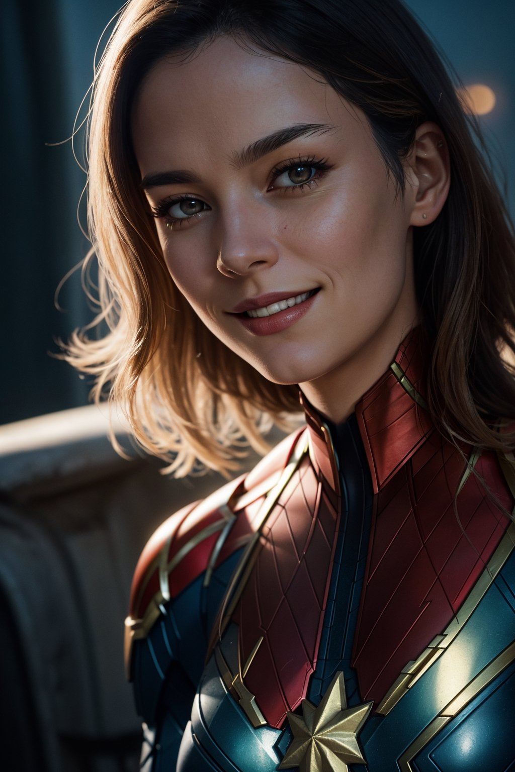 sexy czech woman as the captain marvel, Night, soft lighting, dynamic angle, realistic lighting, smiling, happy, background at scene from the wonder-woman movie,, photo by Brooke DiDonato, (natural skin texture, hyperrealism, soft light, sharp:1.2), (intricate details:1.12), hdr masterpiece, best quality, (highly detailed photo:1.1), 8k, photorealistic ,(SFW)