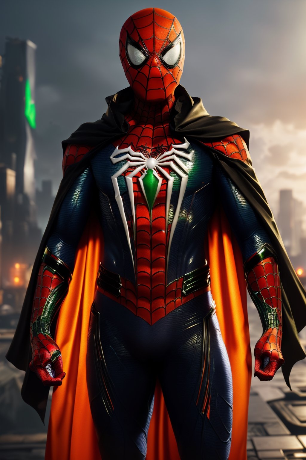 (Breathtaking 8K concept art), (Spiderman in a sleek orange and green armored suit, unmasked, with a flowing black cape:1.3), Against a detailed night cityscape, bathed in natural volumetric lighting, reminiscent of artistic visionaries like Greg Rutkowski, (A masterpiece trending on ArtStation:1.3)