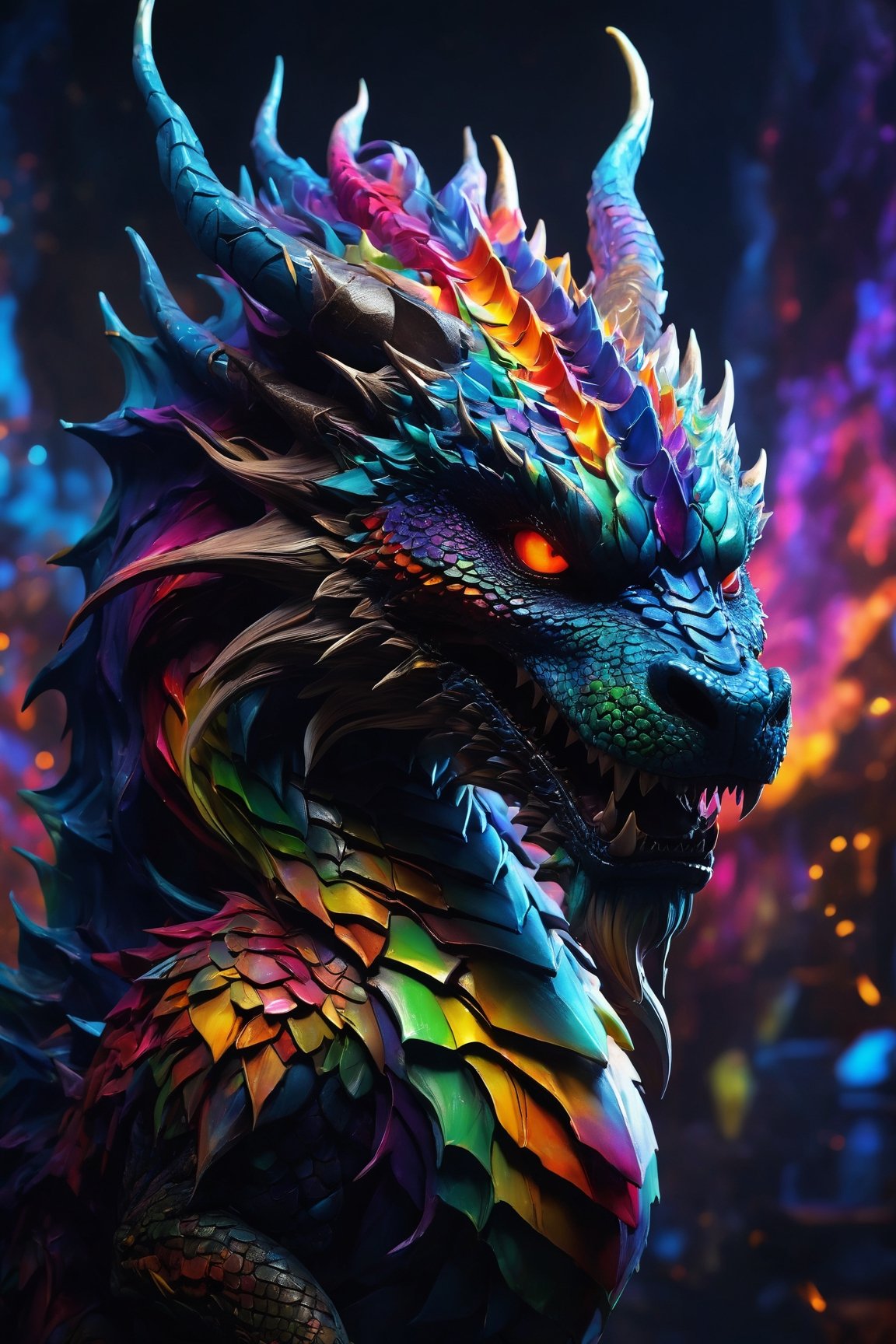 AiArtV, Dragon, (best quality, 8K, highres, masterpiece), ultra-detailed, (photorealistic, cinematic), illustration painting of a luminous and enchanting bad guy undead/human-like creature with vibrant and dynamic anime-style colors. The creature, with dark, colorful hair, strikes a dynamic pose in a brilliantly lit fantasy realm environment filled with a kaleidoscope of colors. The mid-shot composition and rule of thirds depth of field emphasize intricate details, creating a fantastical realm that bursts with subtle and vibrant colors. The use of light particles enhances the scene's grandeur and awe, making it a stunning visual masterpiece in a double-exposure style. The strong outlines contribute to the scene's cinematic feel, creating a super colorful and visually captivating narrative