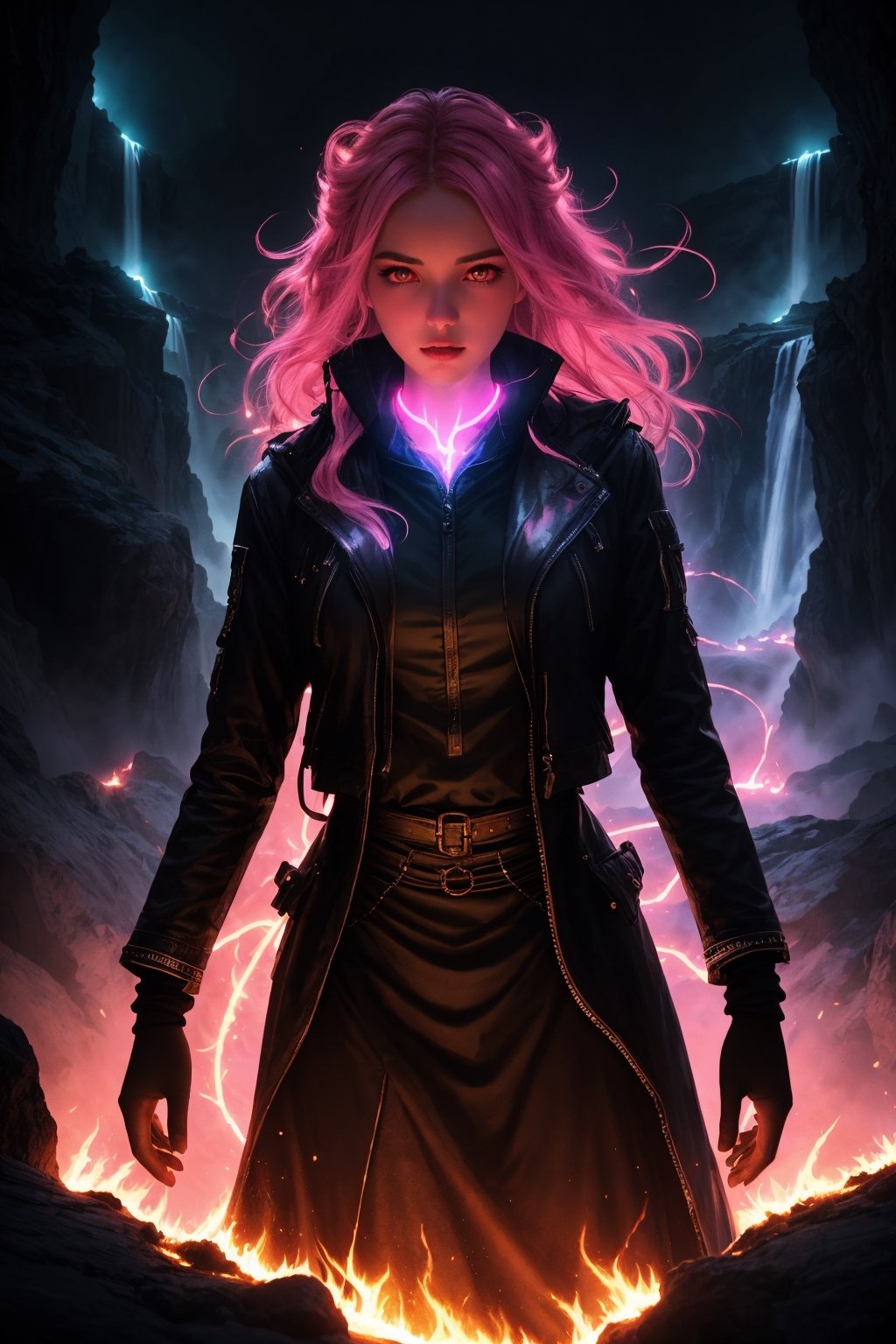 (High quality, UHD, strong highlights), (vibrant volumetric pink lighting, Luminous Studio graphics engine), A surreal and high-resolution UHD scene emerges with strong highlights, bathed in vibrant volumetric pink lighting from the Luminous Studio graphics engine. In the center, a mysterious figure with a skull, burning eyes, and a fiery mouth stands beside a bioluminescent river waterfall, casting a fantasy-like glow on the surroundings.