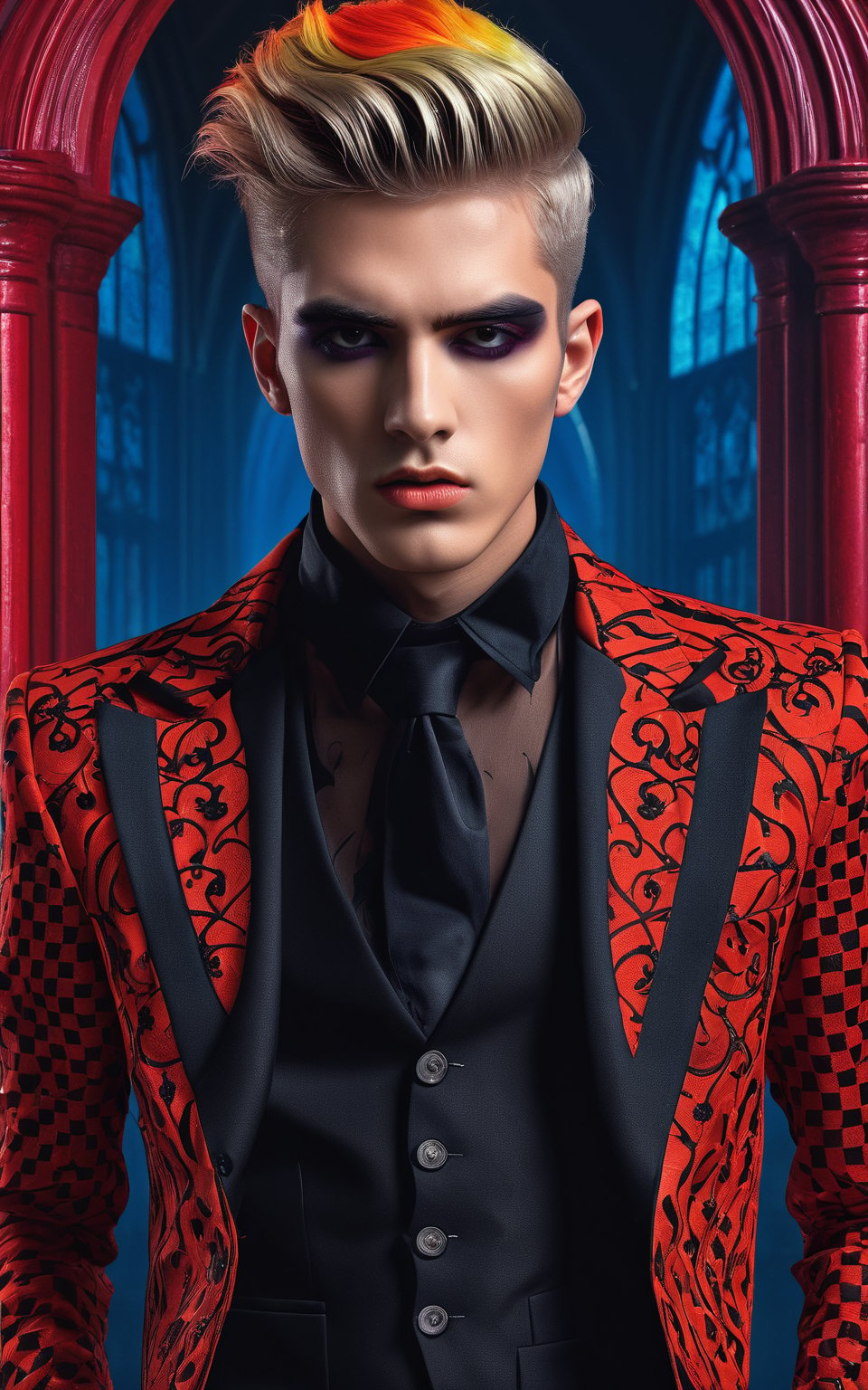 (best quality, 4K, 8K, high-resolution, masterpiece), ultra-detailed, photorealistic, young man, striking appearance, bold Neo-Gothic makeup, bold Neo-Gothic hair, vibrant Pop Art inspired outfit, colorful, high-contrast, surreal atmosphere, digital art.