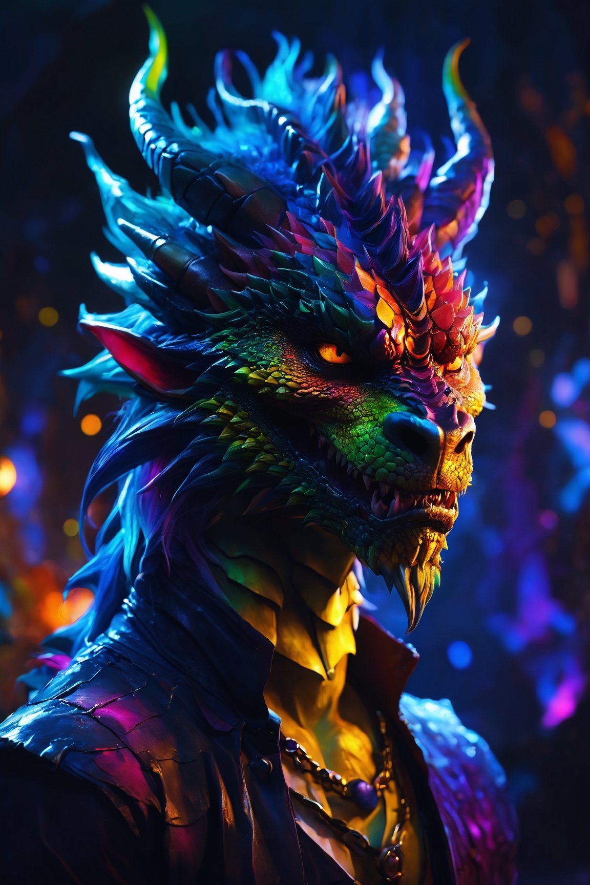 AiArtV, Dragon, (best quality, 8K, highres, masterpiece), ultra-detailed, (photorealistic, cinematic), illustration painting of a luminous and enchanting bad guy undead/human-like creature with vibrant and dynamic anime-style colors. The creature, with dark, colorful hair, strikes a dynamic pose in a brilliantly lit fantasy realm environment filled with a kaleidoscope of colors. The mid-shot composition and rule of thirds depth of field emphasize intricate details, creating a fantastical realm that bursts with subtle and vibrant colors. The use of light particles enhances the scene's grandeur and awe, making it a stunning visual masterpiece in a double-exposure style. The strong outlines contribute to the scene's cinematic feel, creating a super colorful and visually captivating narrative