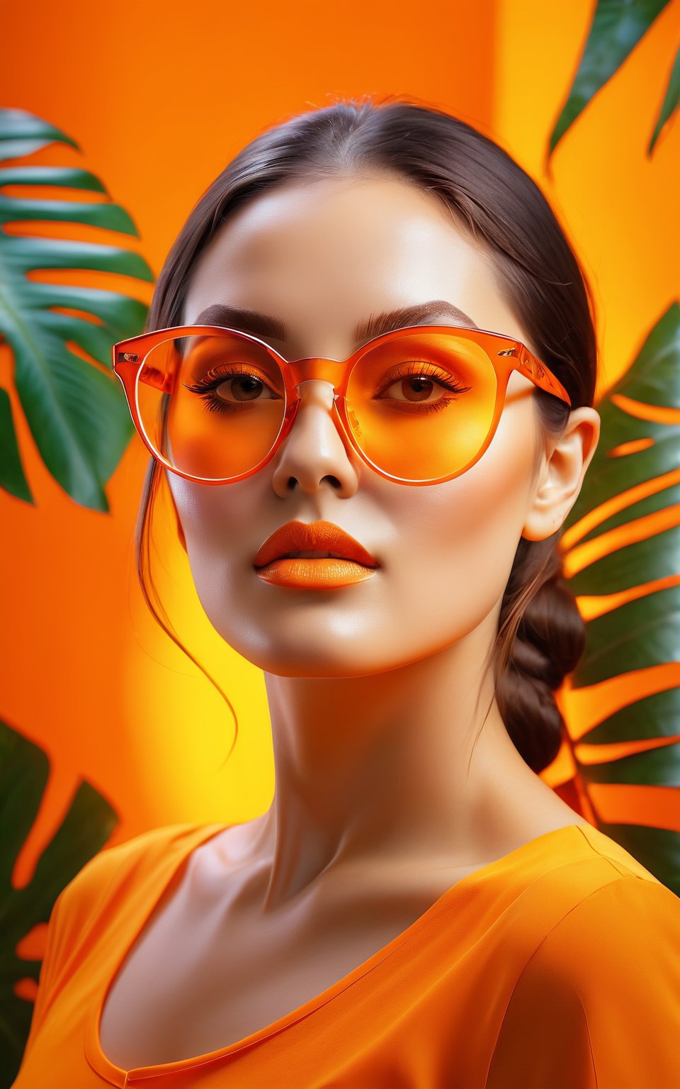 (best quality, 4K, 8K, high-resolution, masterpiece, ultra-detailed, photorealistic), double exposure effect, woman with glasses, vibrant orange background, tropical theme, surreal and artistic composition, glowing and reflective glasses, high contrast, dynamic lighting, ethereal ambiance.