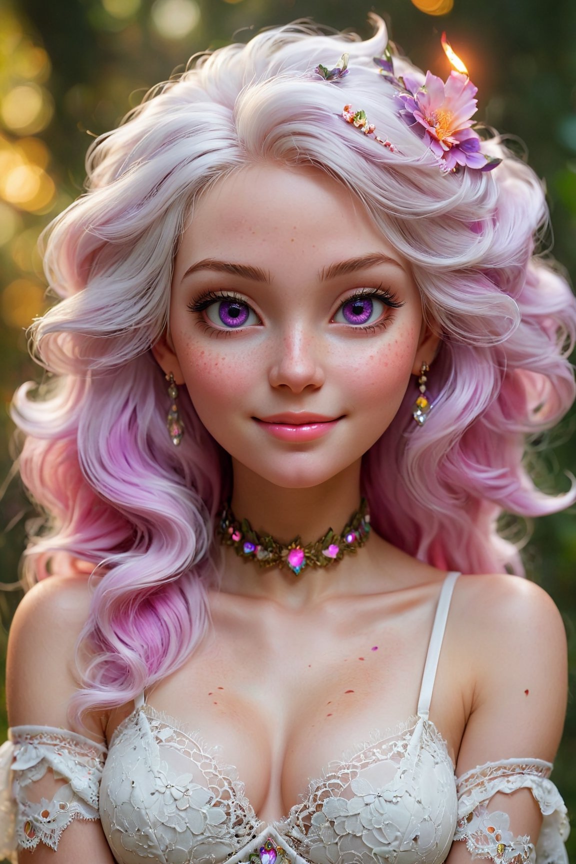 (best quality,8K,highres,masterpiece), ultra-detailed, (fantasy creature, super colorful), featuring a mesmerizing being with heart-shaped pupils, ethereal white hair, and enchanting purple eyes. Their cheeks are adorned with a gentle blush (blush:1.1), and they wear a captivating choker around their elegant neck. The upper body of this fantastical creature is adorned with a shimmering crop top that radiates love and happiness. A cheerful smile graces their face as they emanate an aura of joy and enchantment. Their lace attire and surroundings are a dazzling tapestry of vibrant colors and bokeh, creating a dreamlike atmosphere. Freckles (freckles:0.8) adorn their natural skin texture, adding a touch of uniqueness to their portrait. The scene is an explosion of fantastical hues, making this creature a living embodiment of a vivid and magical world.