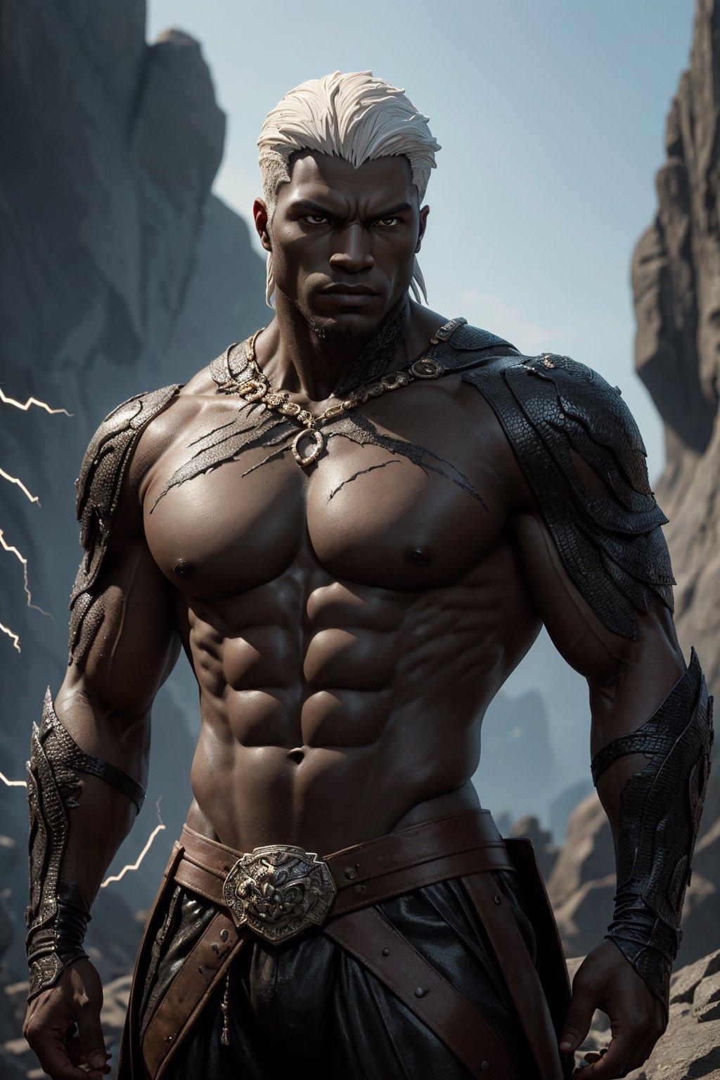 ((masterpiece, best quality)), A remarkable masterpiece showcases a magnificent black humanoid sculpted from solid rock, his upper body bare and muscular. His skin, etched with intricate cracks, emits white electricity that weaves through the fissures. With dragonborn qualities, this stunning male figure possesses striking white hair, set against a highly detailed outdoor background.