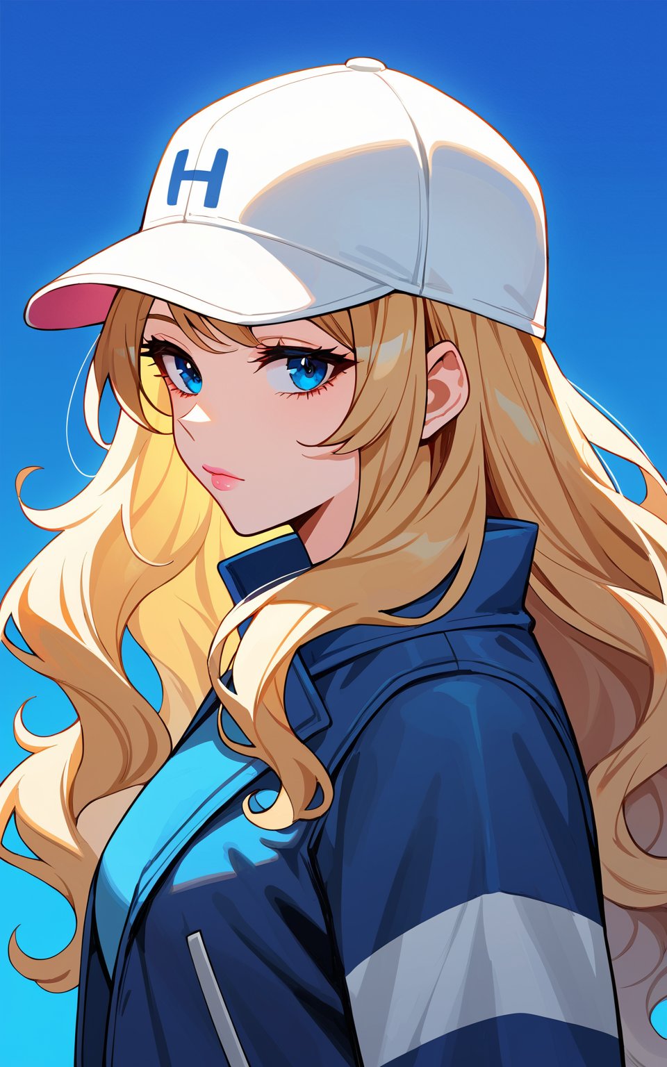 score_9,score_8_up,score_7_up, 1girl,long hair,looking at viewer,blue eyes,blonde hair,brown hair,shirt,hat,closed mouth,jacket,upper body,from side,lips,eyelashes,shadow,white headwear,blue background,wavy hair,expressionless,blue shirt,blue jacket,baseball cap,pink lips
