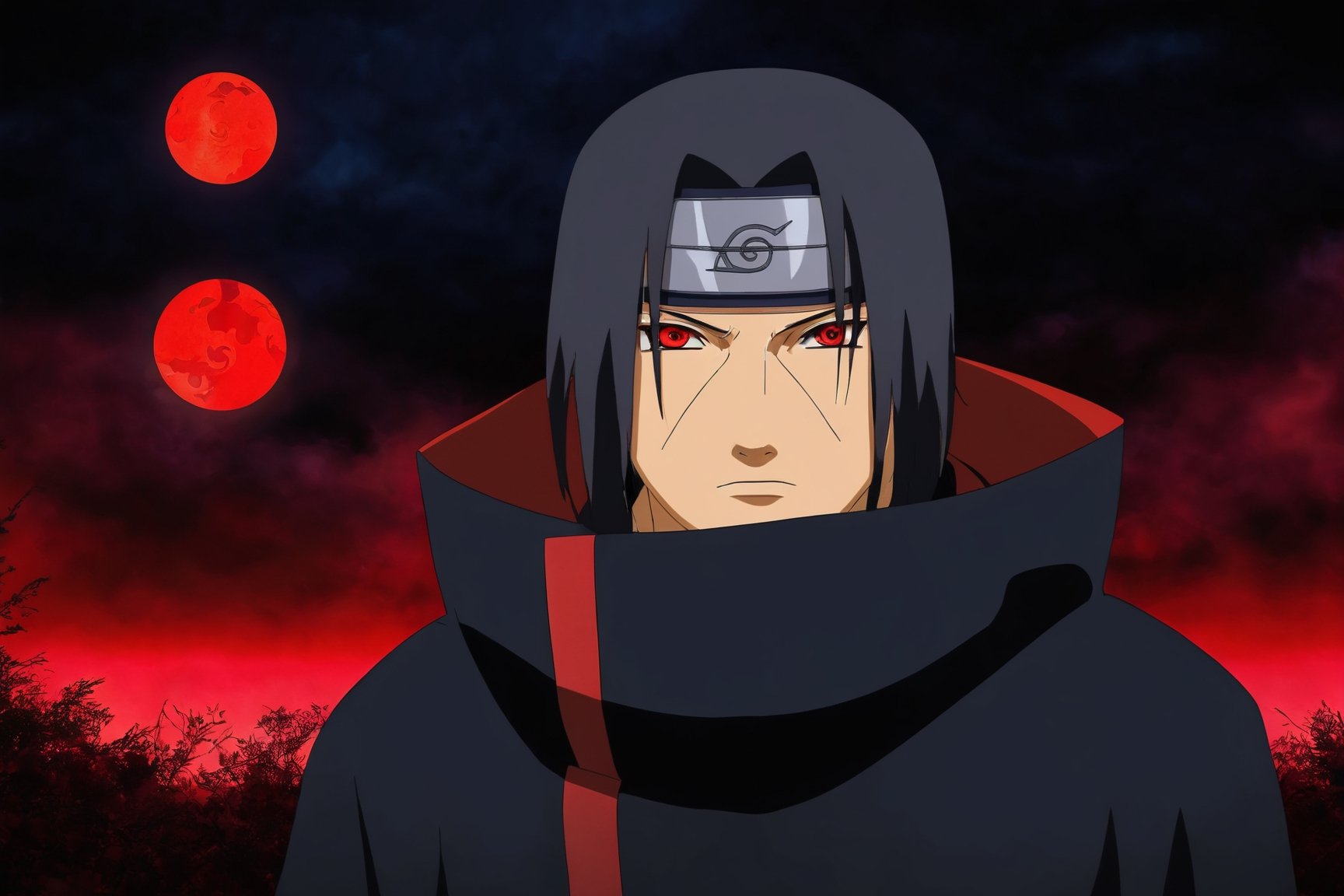 (best quality, 8K, highres, masterpiece), ultra-detailed, close-up portrait of Itachi Uchiha with his Sharingan eyes, set against a dramatic blood moon background. This composition captures Itachi's intense gaze, the Sharingan's detailed complexity, and the eerie, powerful ambiance created by the blood moon. The stark contrast between the deep reds of the moon and the dark hues of Itachi's features enhances the mysterious and formidable essence of his character. The artwork aims to convey Itachi's depth, power, and the haunting beauty of his determination, all while encapsulating the symbolic relationship between the Uchiha clan and the moon's ominous presence