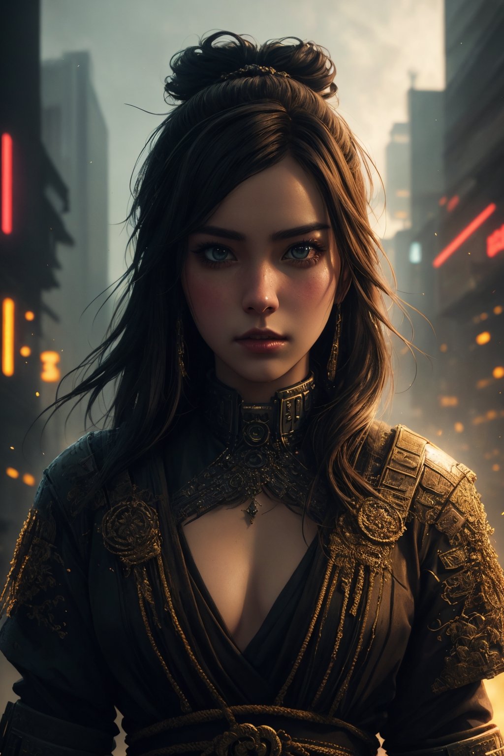 (best quality, photorealistic, very detailed, ultra-detailed), (rendered in Octane), An epic and dramatic glamour shot of a Cyberpunk samurai amidst the neon-lit cityscape, captured with morbid realism and dense atmospheric effects. The image features hyperornate details, with bokeh and particles adding an extra layer of intricacy. Photographed by Irakli Nadar and Reylia Slaby, it exudes an aura of eerie emptiness.