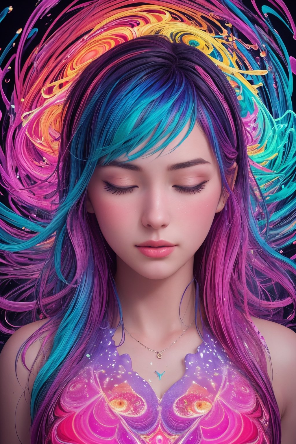 (best quality, 8K, ultra-detailed, masterpiece), (ultra-realistic, photorealistic), A mesmerizing 8K artwork featuring the upper body of a girl with her eyes blissfully closed, immersed in an abstract, psychedelic world. She is surrounded by vibrant neon splashes of color and a honeycomb pattern, creating a creative and hypnotic masterpiece (creative:1.3) that transcends reality.