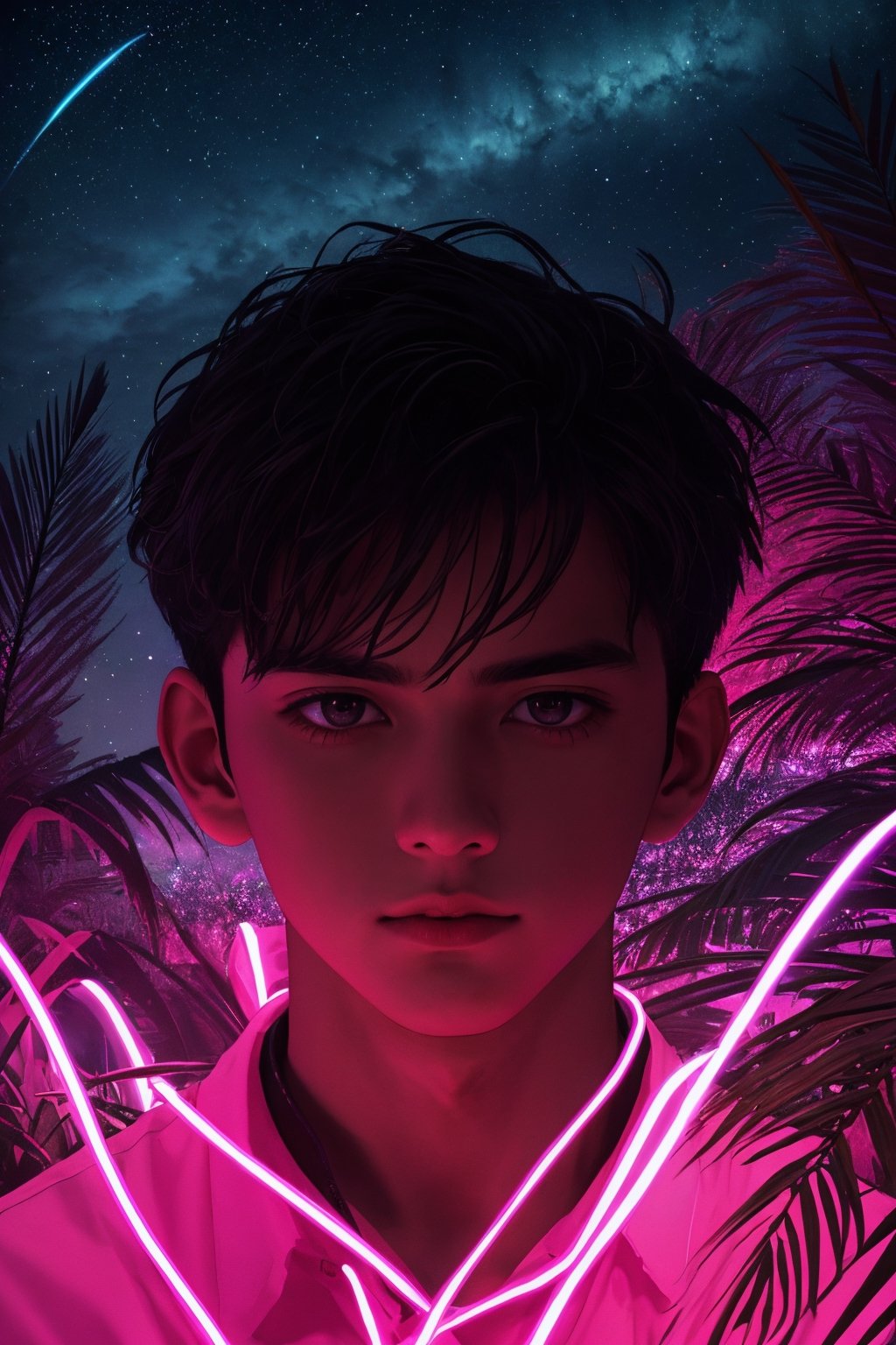 (best quality, 8K, ultra-detailed, masterpiece), (ultra-realistic, photorealistic), A breathtaking 8K solo portrait capturing the essence of a young boy in a synthwave art style, with a close-up view. His gaze fixated on the distant horizon, illuminated by a neon yellow glow (1.2), the night enveloping him in a dark theme. Above, a starry sky twinkles with bioluminescence, symbolizing his fortitude and wholesome spirit. The artwork is destined to be a poster, with palm leaves framing the composition, creating an unforgettable and mesmerizing masterpiece.