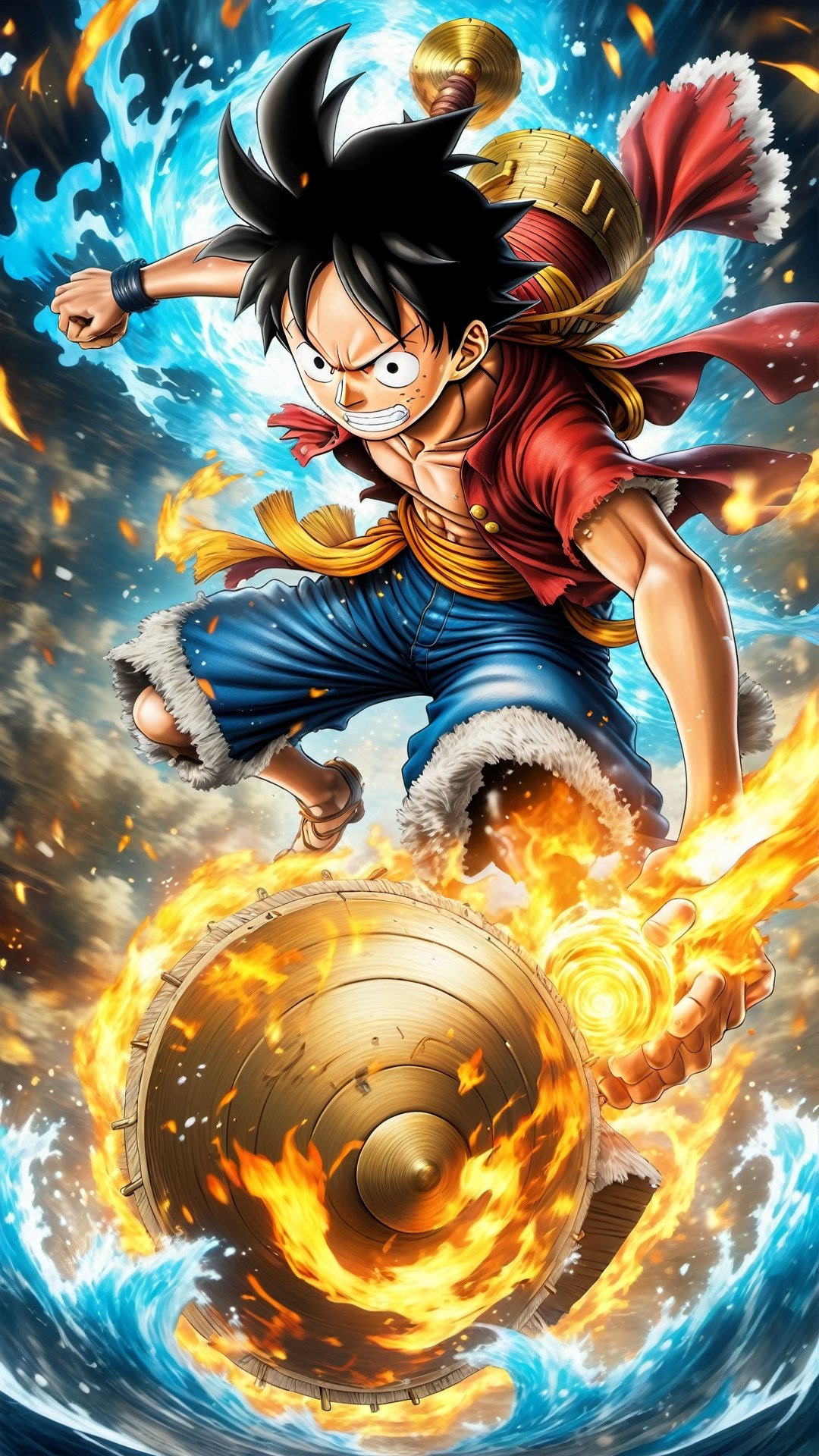 Design a stylized representation of Luffy in his ((Gear form)), infused with the elemental fury of nature. Surround him with a swirling maelstrom of energy, each element personified in the form of fire, water, earth, and air. Craft the artwork in a ((cinematic short)) format to accentuate the elemental chaos. Utilize a wide ((dynamic range)) to illuminate the vivid colors and intricate elemental details. Experiment with a ((dynamic viewing angle)) to emphasize Luffy's mastery over these forces. Render the image in an impressive ((8K)) resolution with a ((16-bit color)) palette, capturing the dynamic interplay of elements and Luffy's commanding presence.