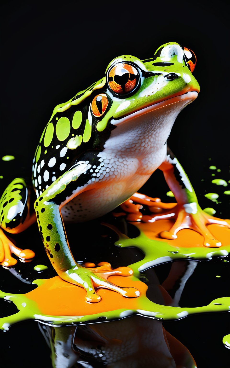 (Artistic bird illustration, high resolution, painted style, colored paint splatters), a [Frog] depicted in a painted style with dynamic and vibrant paint splatters. The main colors are [orange] and [green], set against a [black] background. The artwork captures the lively essence of the [Frog] through the use of bold paint splatters, creating a visually striking and energetic composition.