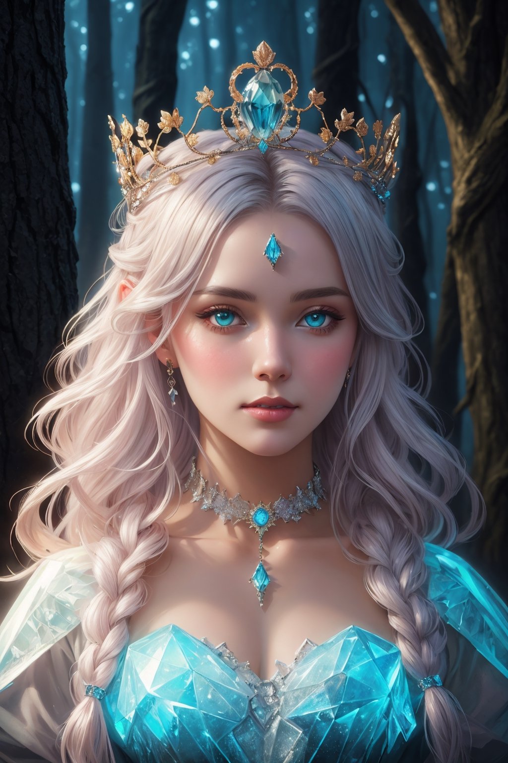 (4K resolution, hyper-detailed painting), (luminism, Bar lighting), Greg Rutkowski-inspired portrait of a platinum-haired woman in an ice flower dress, adorned with a crown and choker. Detailed face and skin. Background: frozen forest. Style fusion: Artgerm, WLOP, Alphonse Mucha. Realistic gothic concept art with fractal isometric details and bioluminescence. Create a 30-year-old realistic photograph.
