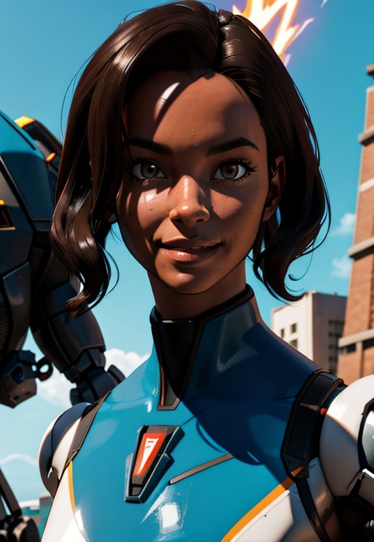 3D style, dark skin, dark-skinned male black hair, looking at viewer, brown eyes, smile, lips, wearing a future tech mech gear,FionaWaifu,DonMl1ghtning,android 18, full_body photorealistic image 