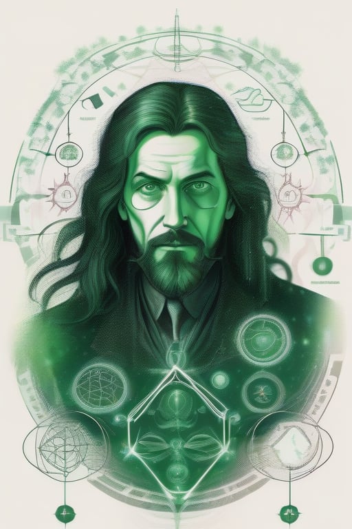 Long haired, green eyed, Surreal Alchemist: An abstract character portrait of a master alchemist, with his face surrounded by intricate alchemical symbols and surreal elements