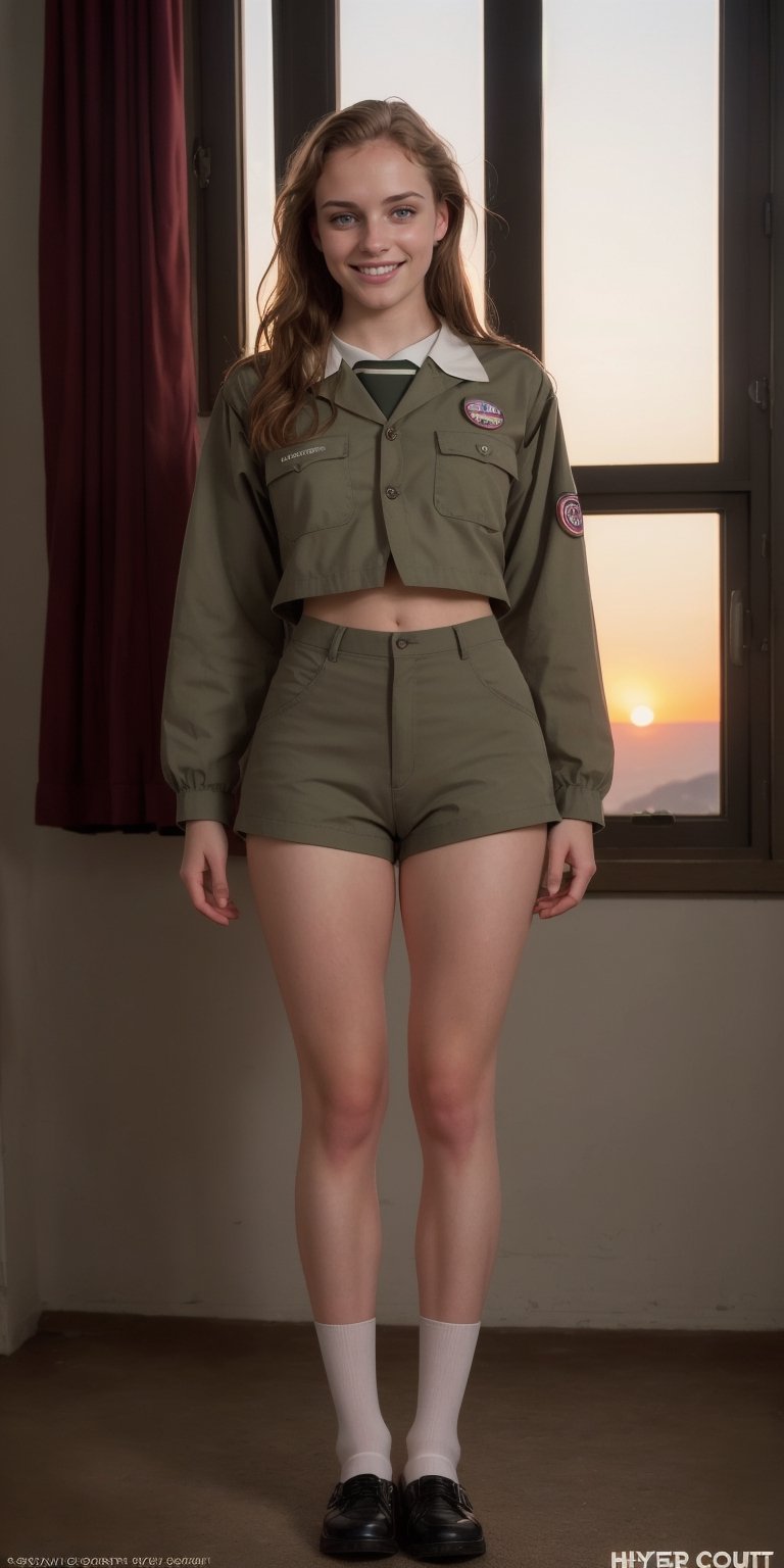 A cute young woman with a (smile). woman, 20 years old. In the style of realistic hyper - detailed. full-body.
Focused, showing off her slender figure in magazine photoshoot, thick thighs, (second person view). Detailed skin texture, modeling job, audition,  posing for the camera, gradient colorscheme, (tight scouts camp, in the style of realistic hyper - detailed. full-body, realistic scout uniform outfit), (large window romantic/cozy atmosphere) (((dynamic bokeh:0.8))), A (((sunset)))

 ,cutecore vaporwave style,good aesthetic
