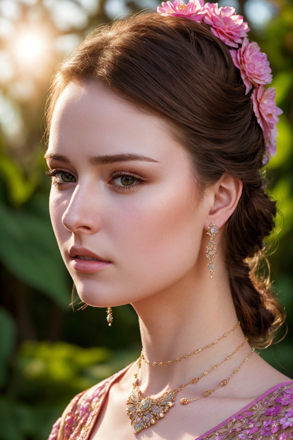 "(((hyper realistic face)))(((extreme realistic skin detail))) (face with detailed shadows) (masterpiece, highest quality), (realistic, photo_realistic:1.9), ((Photoshoot))
A young Russian woman with straight blonde hair and light eyes, featuring a hyper-realistic face and delicate jewelry, stands in a botanical garden at sunset. The warm evening light gently illuminates her face and the jewelry she's wearing. She is surrounded by a diverse array of colorful flowers and tall trees, creating a romantic and enchanting ambiance. The image is captured using a large format camera equipped with a telephoto lens that isolates the model and creates a softly blurred background. The sunset lighting highlights the details on her face and jewelry, crafting a magical and distinctive atmosphere in the scene. sharp focus, 8k, UHD, high quality, frowning, intricate detailed, highly detailed, hyper-realistic."

