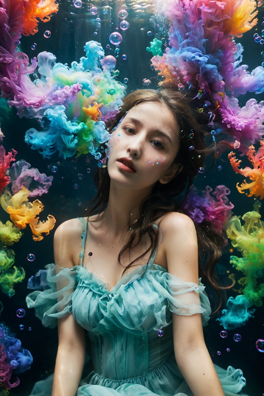 a portrait of a submerged American woman, with streams of many-colored ink swirling around her, resembling billowing smoke underwater. The play of light creates a stark contrast, highlighting the serene expression of her face amidst the chaos of colors, with bubbles scattered throughout the view, suggesting a silent explosion in slow motion. The light refracts through the water, adding depth and a dreamlike quality to the scene, focusing on the interaction between the ink tendrils and the bubbles. Precipitous, sexy pose.,more detail XL