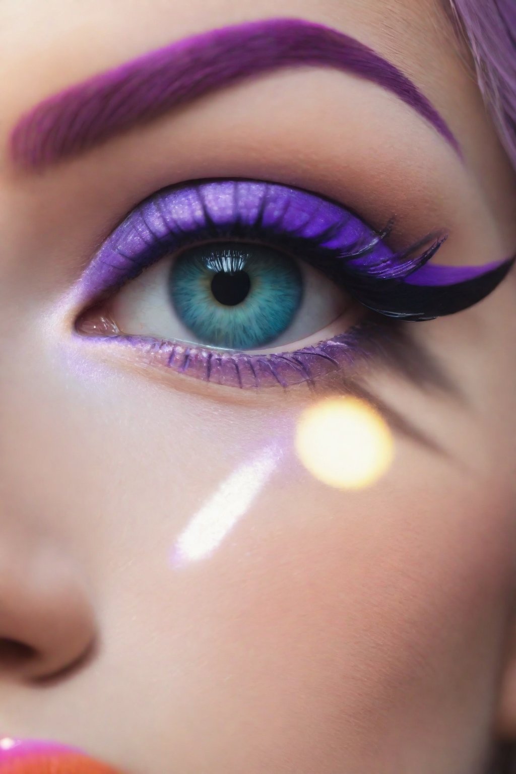 a close up of a person's eye with purple eyeliner, a pastel, inspired by Carl Walter Liner, reddit, outline glow, fluo details, natural contour aesthetics!!, scratchy lines, cinematic film shot in 70mm, depth of field, vivid colors, cinematic