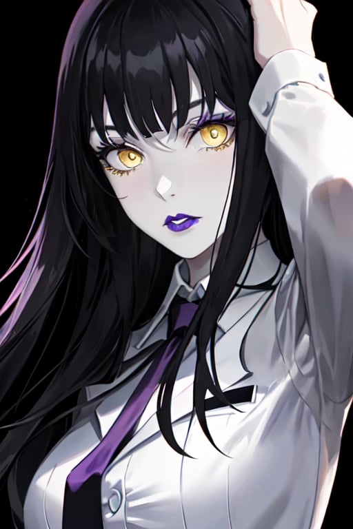 Close-up, a strikingly pale twenty-year-old woman with long straight black hair, styled with French bangs. Her piercing yellow eyes and her purple lips create an aura of mystery and danger. She is dressed in a suit and tie, which adds a touch of elegance to her overall dark appearance. This image is reminiscent of the cover of a thriller novel