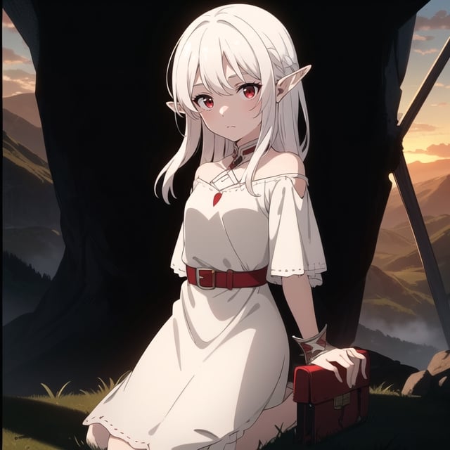 little Elf girl dressed in white hair white hair red eyes white skin holding red dagger, bangs in eye, kneeling, long straight hair, innocent face, looking at camera, grassy field, dramatic sunset between mountains, dramatic lighting