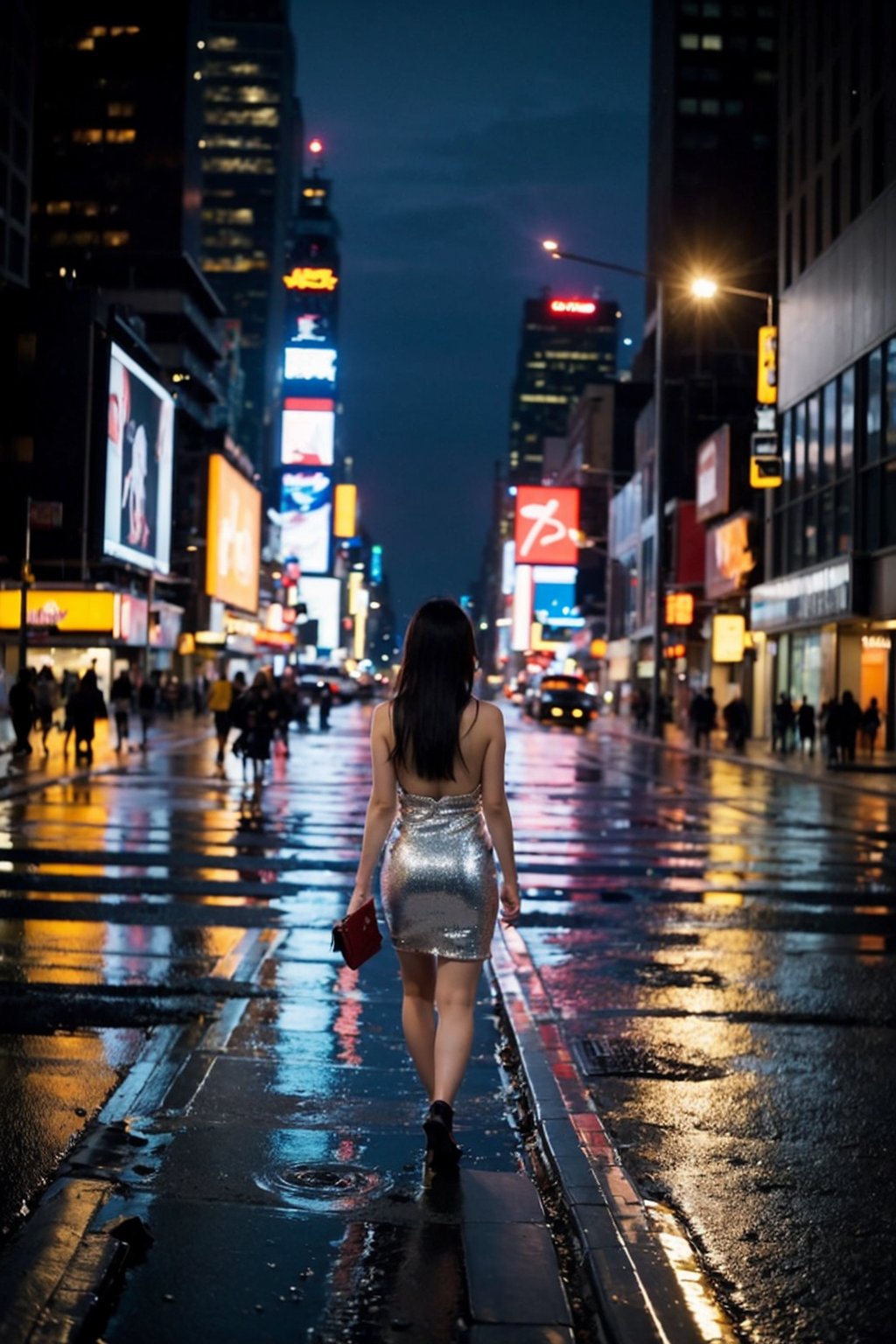 Best Quality, Masterpiece, Ultra High Resolution, (Realisticity:1.4), Original Photo, Cinematic Lighting, night shot, 1girl, full body, (sparkly:1.3) sequins dress, pencil skirt, thigh, red bow, street, after rain, wet, (deserted street:1.4), crossroads, zebra crossing, times square, new york, raytraced reflection, dynamic Angle, (bokeh:1.2), depth of field, incredible sky, looking up to the sky, (aesthetics and atmosphere:1.2),
