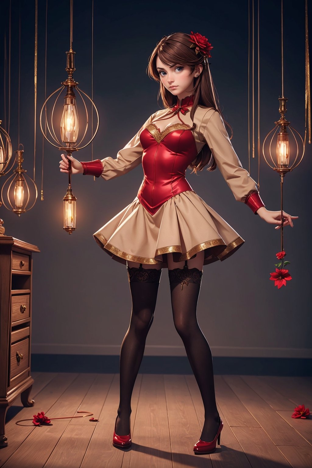  beautiful, good hands, full body, good body, 18 year old girl body, sexy pose, arcane style, clothes with accessories, denier tights in beige, stockings_colorbeige, brown hair, straight hair, fair skin, light eyes, red flower in the girl's hair,,glitter,shiny,Marionette,
Red dress