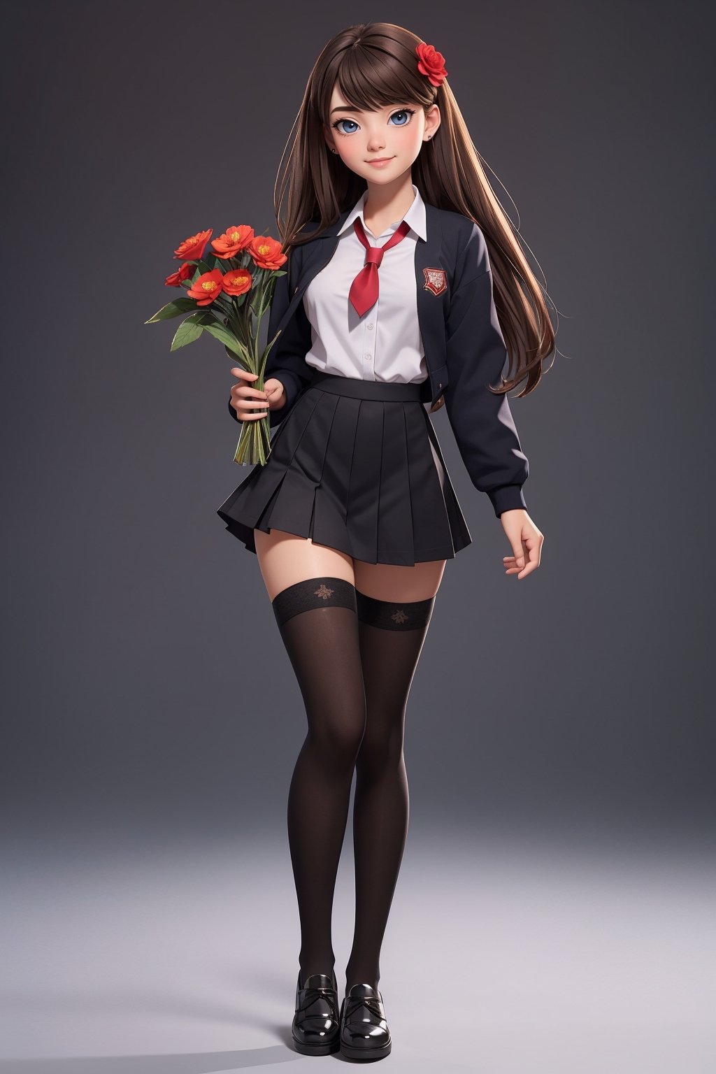  student clothes, beautiful, good hands, full body, good body, 18 year old girl body, school shoes, school skirt, school shirt, black shoes, sexy pose, full_bodyschool_uniform, shoes_black, with  school_shoes_black, arcane style, clothes with accessories, denier tights in beige, stockings_colorbeige, brown hair, straight hair, fair skin, light eyes, red flower in the girl's hair,1girl,glitter,shiny