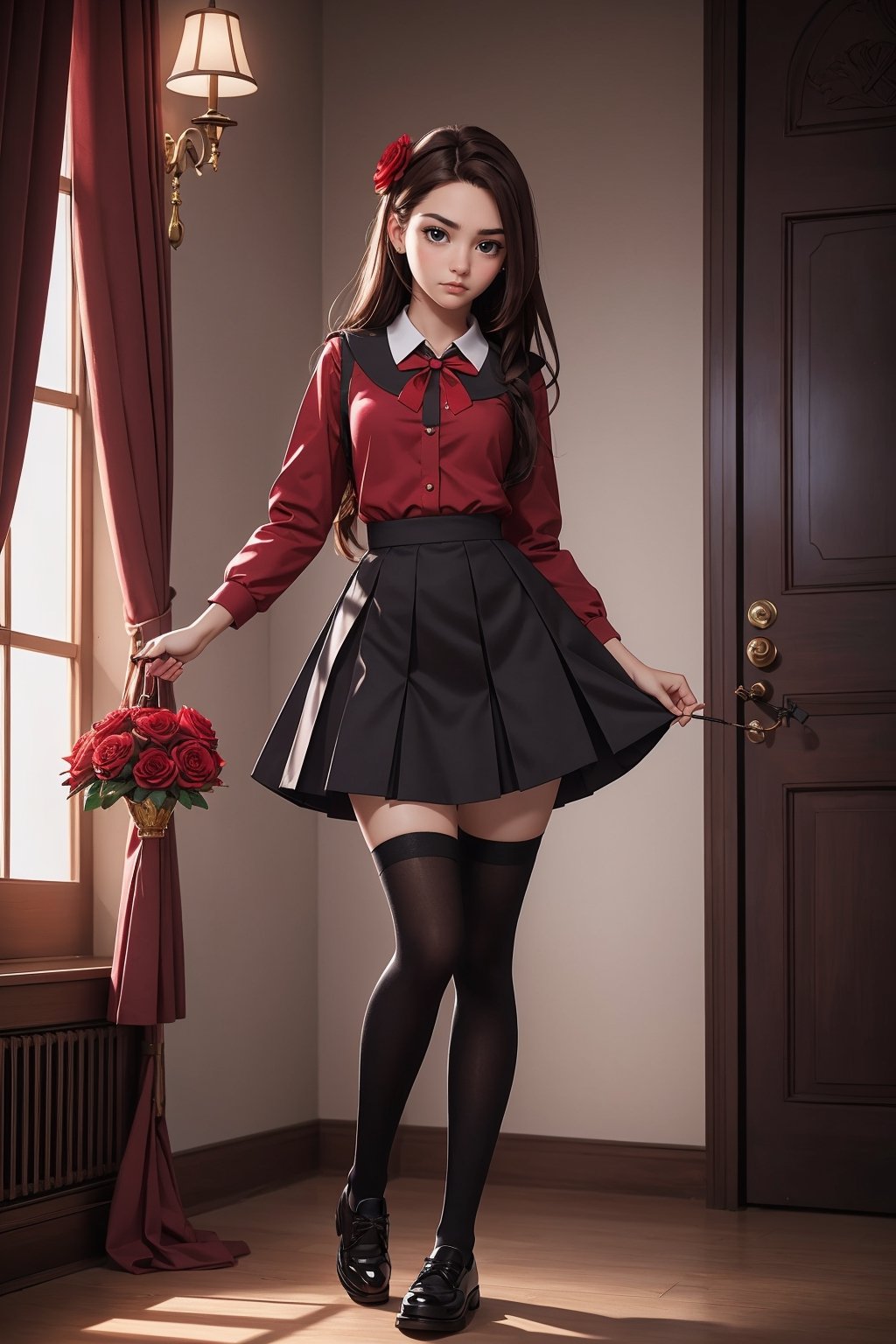 student clothes, beautiful, good hands, full body, good body, 18 year old girl body, school shoes, school skirt, black shoes, sexy pose, shoes_black, with  school_shoes_black, arcane style, clothes with accessories, denier tights in beige, stockings_colorbeige, brown hair, straight hair, fair skin, light eyes, red flower in the girl's hair,1girl,glitter,shiny,Marionette,
Red dress