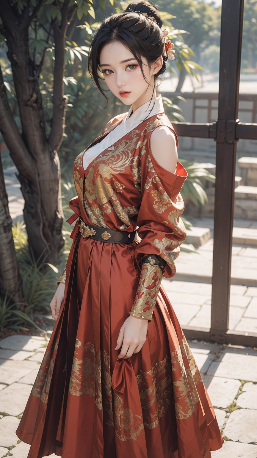 (Extremely detailed CG unified 8k wallpaper), ANCIENT_CHINESE_CASTLE_GARDEN_BACKGROUND, (((Masterpiece))), (((Best Quality))), ((Super Detailed)), (Best Illustration), (Best Shading), ( (Extremely exquisite and beautiful)), embodying the charm of ancient princesses, exuding beauty, sexiness and charm, with natural medium breasts. Mesmerizing eyes convey mystery and seduction. Elegant and charming, with a slender figure and full of mystery. Off the shoulders, low cut. Ancient traditional royal kebaya decorated with intricate patterns or ornate details. Seductive and elegant pose, beautyniji