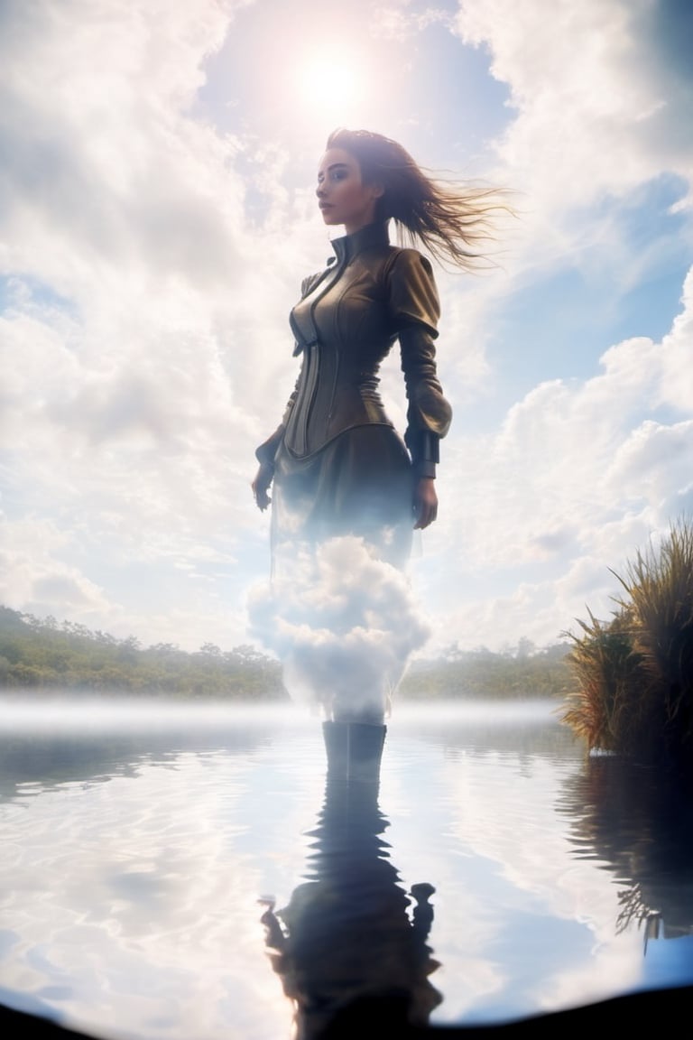 Create a scene of a woman emerging from a reflective pool, her silhouette blending with the surrounding clouds. The water's calmness signifies the purification of her spirit and the restoration of hope after the turmoil of war..,Movie Still,HZ Steampunk,cyberpunk style