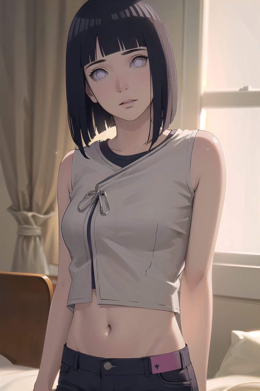 centered, 18 years old girl, pure face, beautiful face, long messy hair, hands behind back, crop top, navel, midriff, open denim shorts, hotel room, bokeh, depth of field, hyperelism shadows, ((best quality)), ((masterpiece)), ((realistic:1.3)), (detailed:1.3), ultra high res, powerful pose ,photorealism:1.3 , ((perfect hand)) ,raw photo:1.3, ultra detailed, beastialily,detailed skin, Highly detailed face and skin texture, detailed eyes, double eyelids,dynamic light,pose, facial pore detail,
,Chae Yoon,Hinata,hinata\(boruto\)