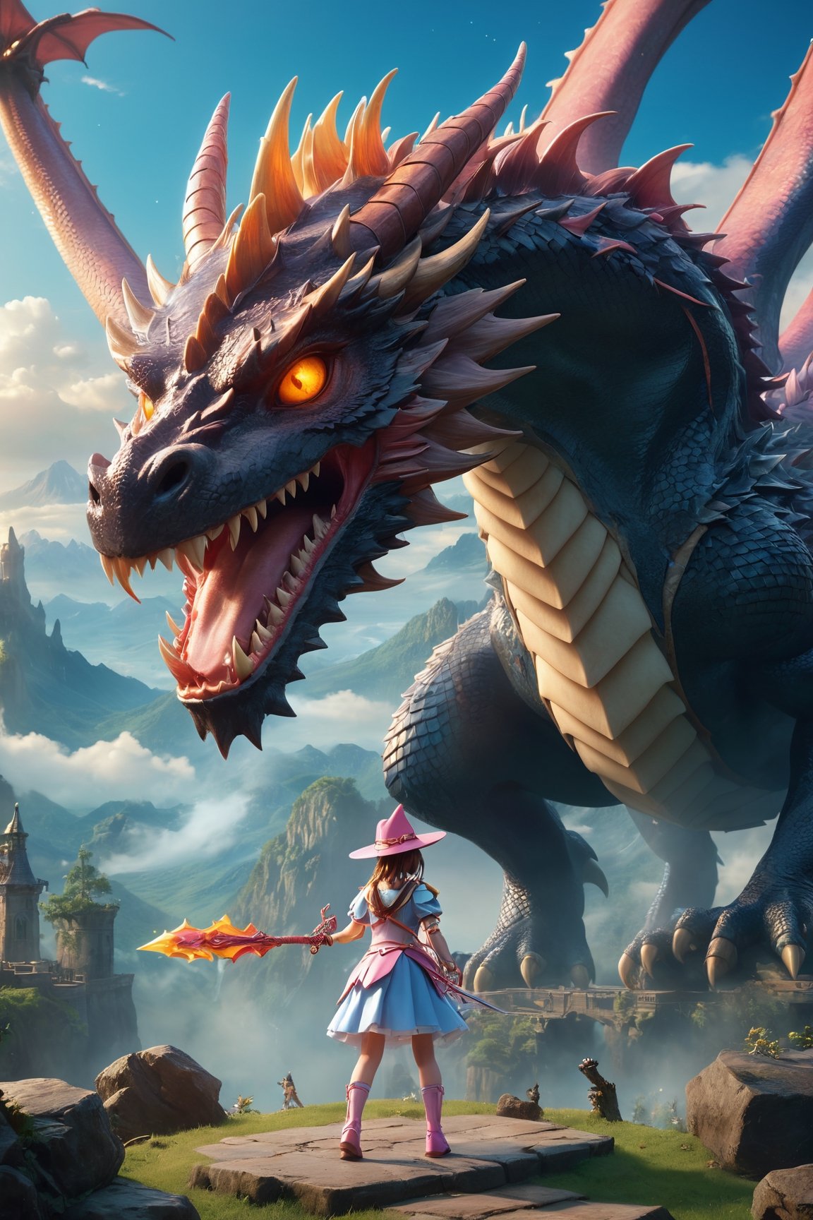 high quality, 8K Ultra HD, masterpiece, A beautiful magical girl is fighting a dragon, magical girl hat, black eye, fantasy world, breathtaking landscapes, mystical atmosphere, three dimensional effect, luminism, Albert Anker, Feeling like John Howe, 3d render, octane render, cinematic, Isometric, by yukisakura, awesome full color, ,monster