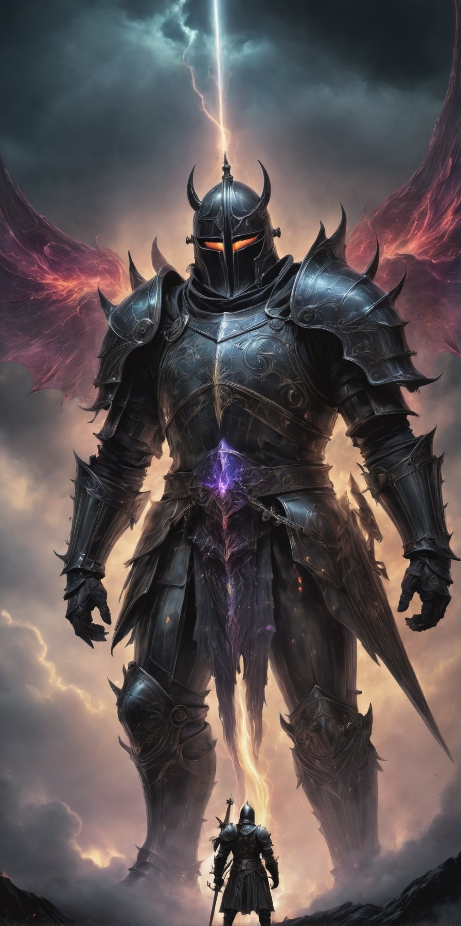 (celestialpunkai:1.3) {(s0lar:1.3) | (lun4r:1.3) | (st3llar:1.3)} {  army },a knight facing a gothic  big demon showing in the back in the clouds, dark souls artstyle  (amazing, Impressive lighting, vibrant colors, complex scene  ,Ultra Realistic, trending on artstation,     exaggerated, detailed background:1.1)                           ,steampunk style