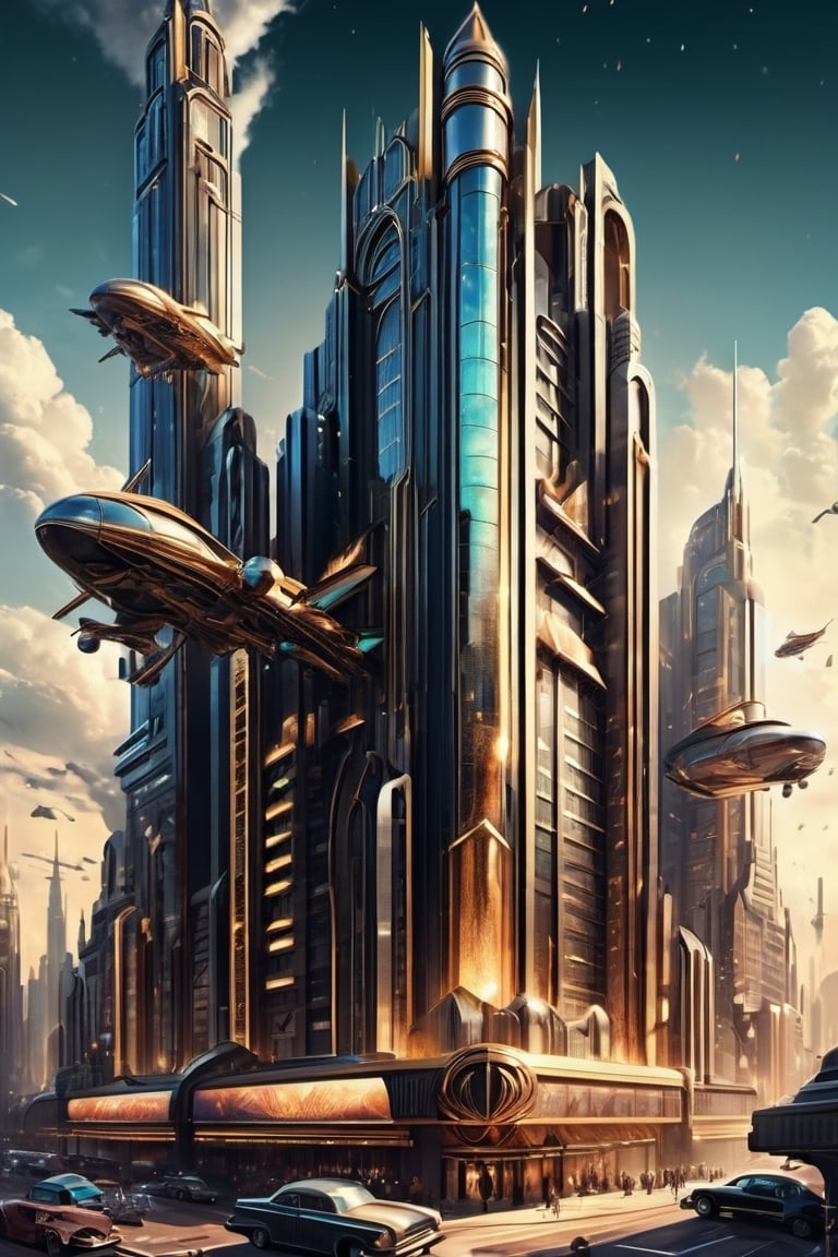 Design a digital artwork that fuses futuristic elements with the Art Deco style of the 1920s. The scene shows a Rotten Future, Imagine a futuristic metropolis with grand Art Deco buildings and elegant flying vehicles, all in metallic colors to create a spectacular effect, photo realistic, fusion between jazz and black metal