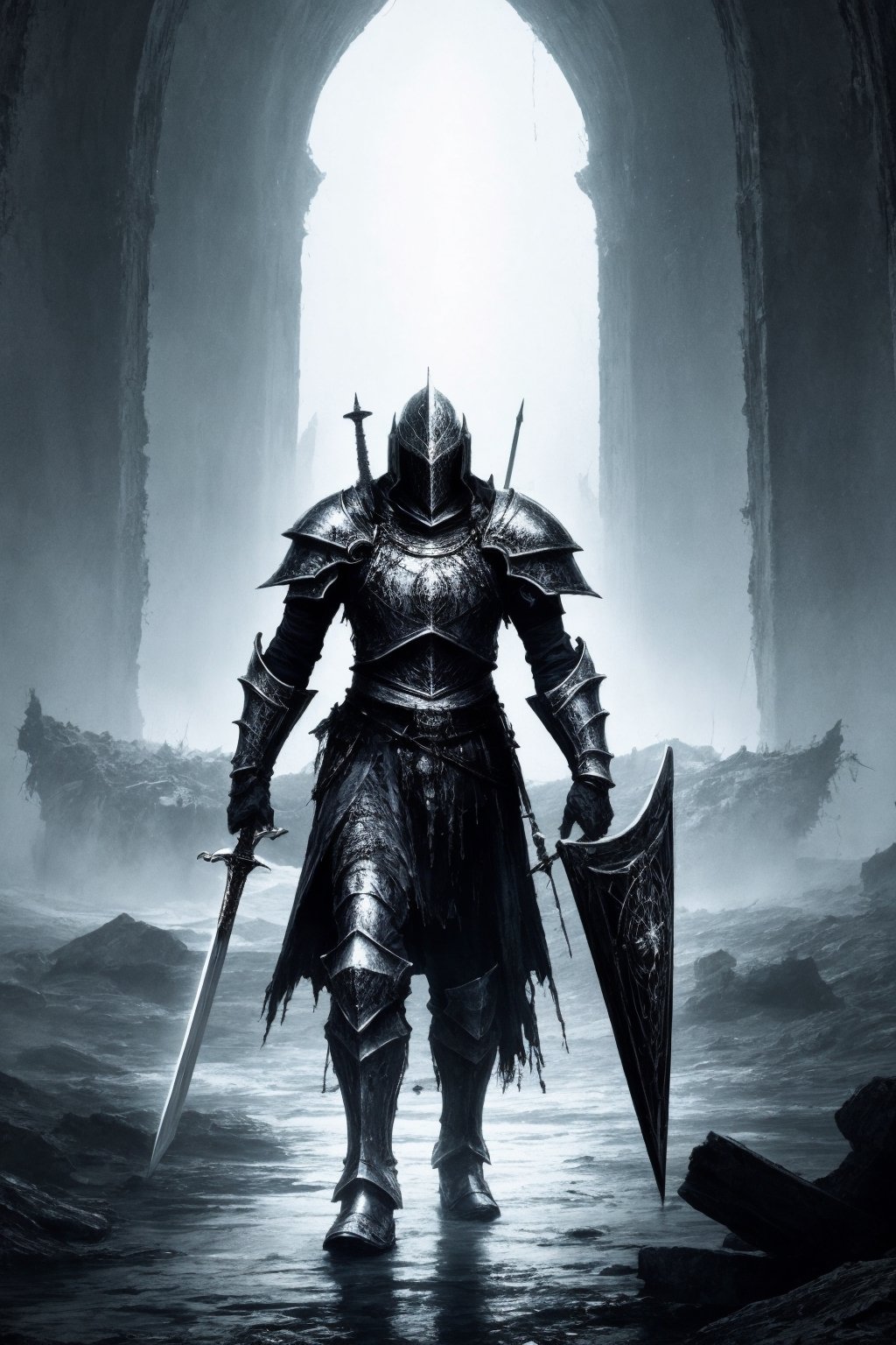 Dark fantasy themed image, Dark souls artstyle and scenary. A black knight wearing his armor with sword and shield entering a destroyed town. photorealistic, 4k, dark themed
