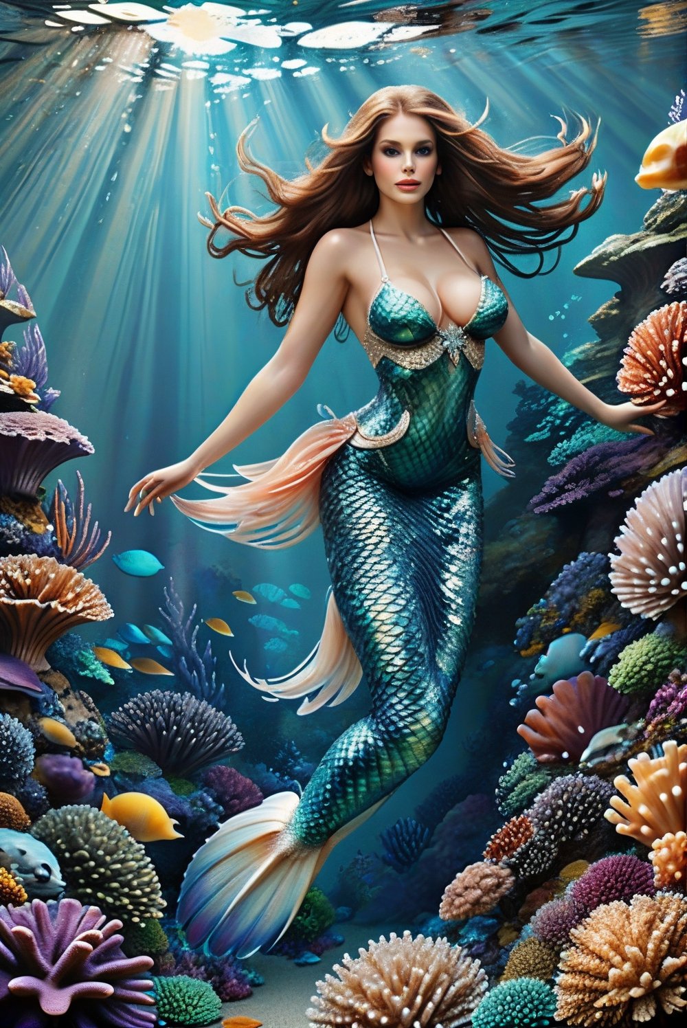 stunning, beautiful, mermaid, busty, long hair, flowing locks, shimmering, sparkling, scales, seashell accessories, grace, elegance, tropical fish, intricate coral formations, sunlight, sunrays, serene, illuminating, aquatic realm, realistic, Masterpiece, High Quality, High Resolution, detailed, uncensored, rich, vibrant colors, photorealistic, underwater,