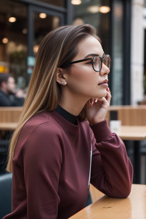 extra detailed, detailed anatomy, detailed face, detailed eyes, professional photography of beautiful 21 year old lady, black sweatshirt, glasses, distracted, in profile, hair mixed between black and pink, cafe