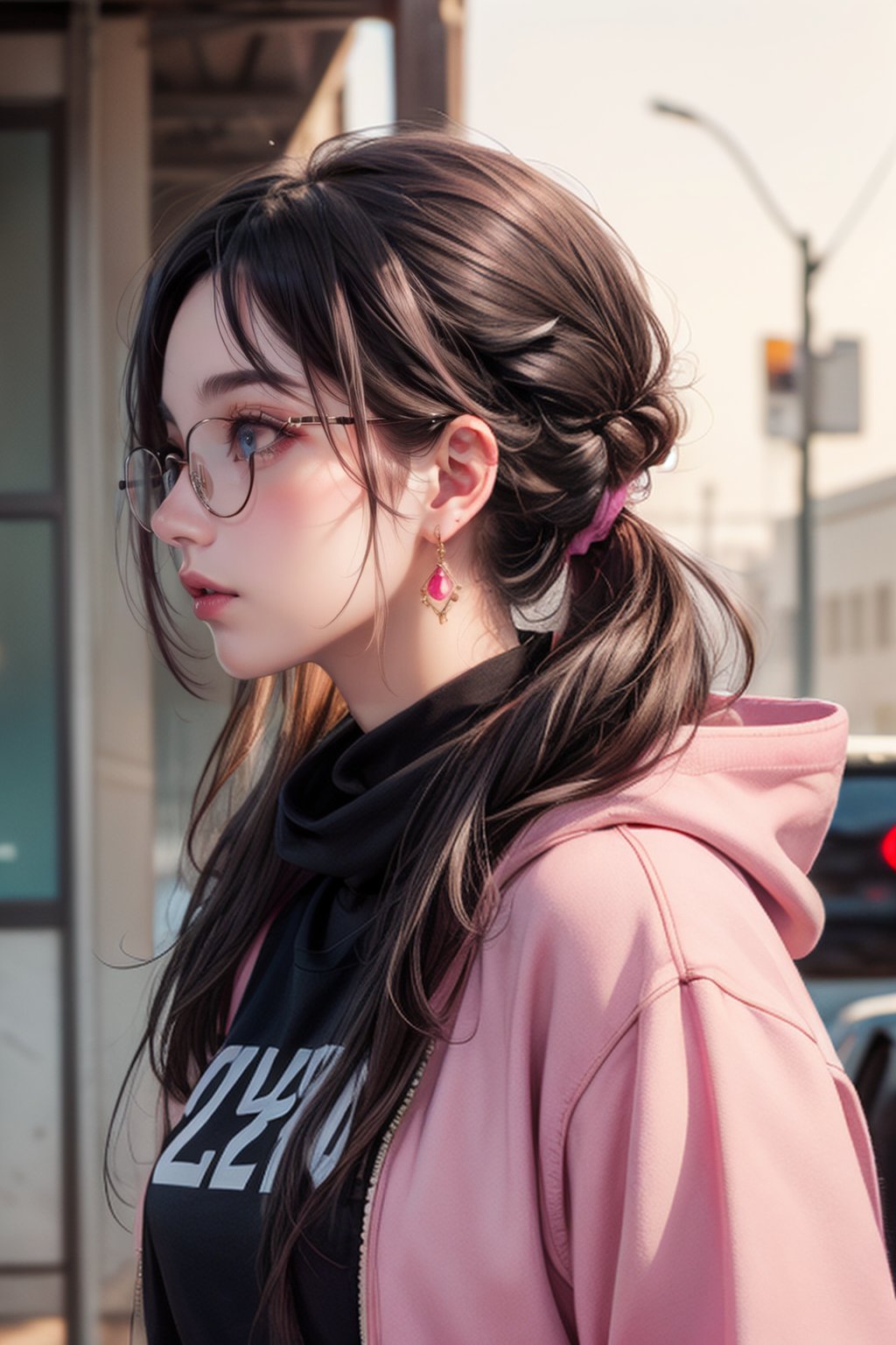 extra detailed, detailed anatomy, detailed face, detailed eyes, professional photography of beautiful 21 year old lady, black sweatshirt, glasses, distracted, in profile, hair mixed between black and pink,