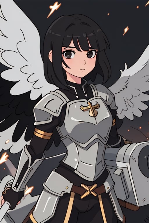 black haired angel with metallic wings wearing silver armor and a cannon in one arm