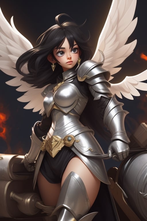 black haired angel with metallic wings wearing silver armor and a cannon in one arm