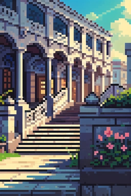 (((masterpiece))), (((best quality))), ((ultra-detailed)), (illustration), ((an extremely delicate and beautiful)), , (sunlight) ,Pixel art,, architecture,Pixel world, Mall,