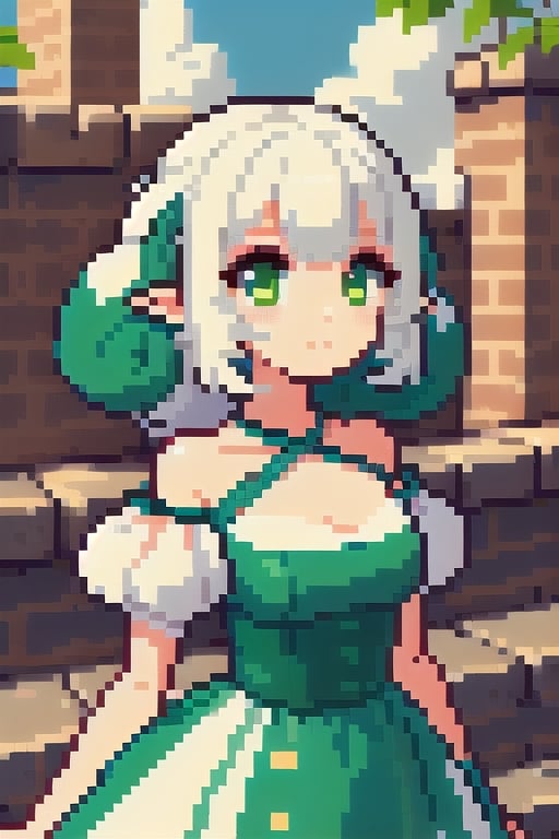 (((masterpiece))), (((best quality))), ((ultra-detailed)), (illustration), ((an extremely delicate and beautiful))(1girl), , floating_hair,  glowing eyes, pointy_ears, white hair, green eyes,halter dress, feather, leaves, nature, (sunlight) ,Pixel art,Whimsicott, in_city,city wall