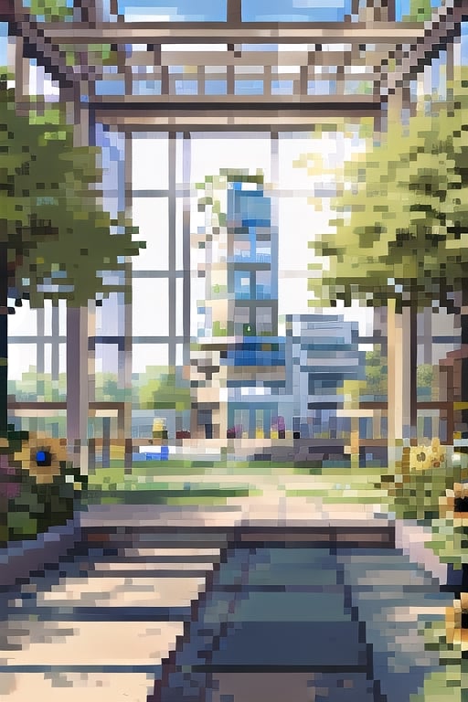 (((masterpiece))), (((best quality))), ((ultra-detailed)), (illustration), ((an extremely delicate and beautiful)), , (sunlight) ,Pixel art,sunflowers_in_backgroun, architecture,Pixel world