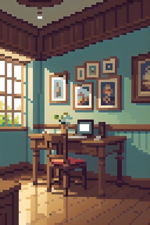 (((masterpiece))), (((best quality))), ((ultra-detailed)), (illustration), ((an extremely delicate and beautiful)), , (sunlight) ,Pixel art,, architecture,Pixel world, Mall, at_desk,
