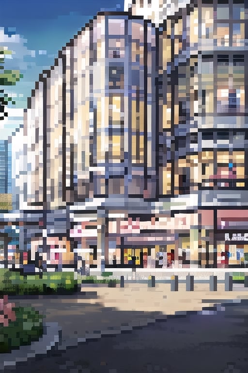 (((masterpiece))), (((best quality))), ((ultra-detailed)), (illustration), ((an extremely delicate and beautiful)), , (sunlight) ,Pixel art,, architecture,Pixel world, Mall, PARKINGLOT_IN Forground