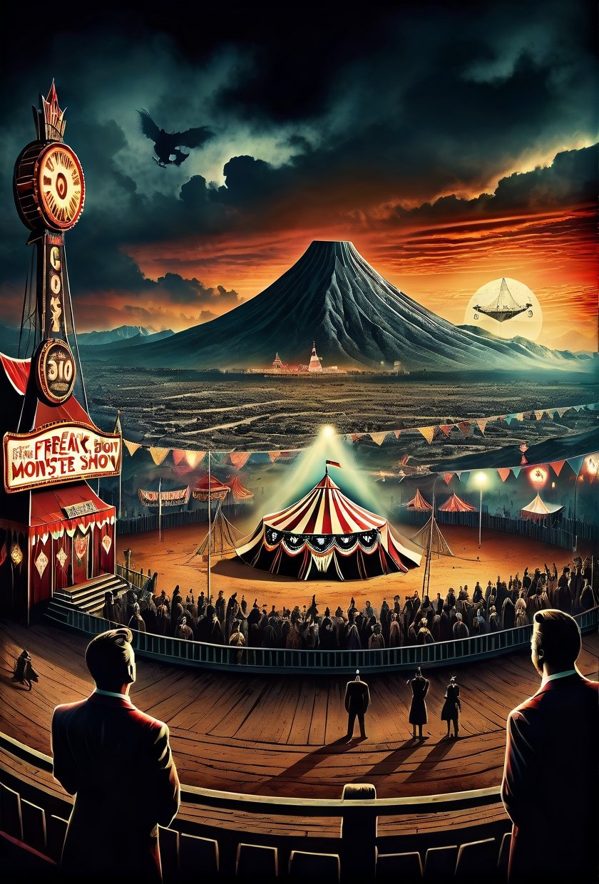 Landscape overlooking a creepy freak monster  show, dramatic angle, panoramic view, realistic and detailed, retro suspense movie poster style, surreal, masterpiece,